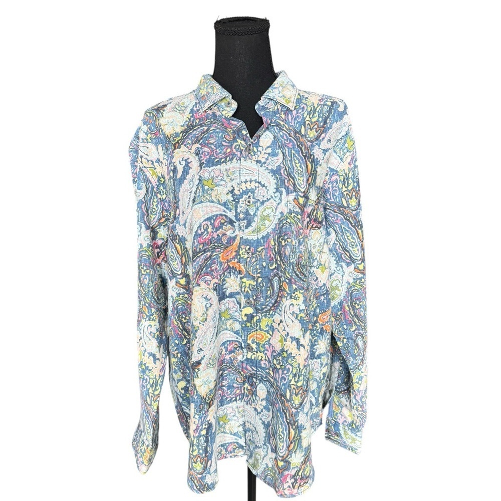 Tommy Bahama IslandZone Paisley Promenade Linen Blend Top L Blue Resort Coastal